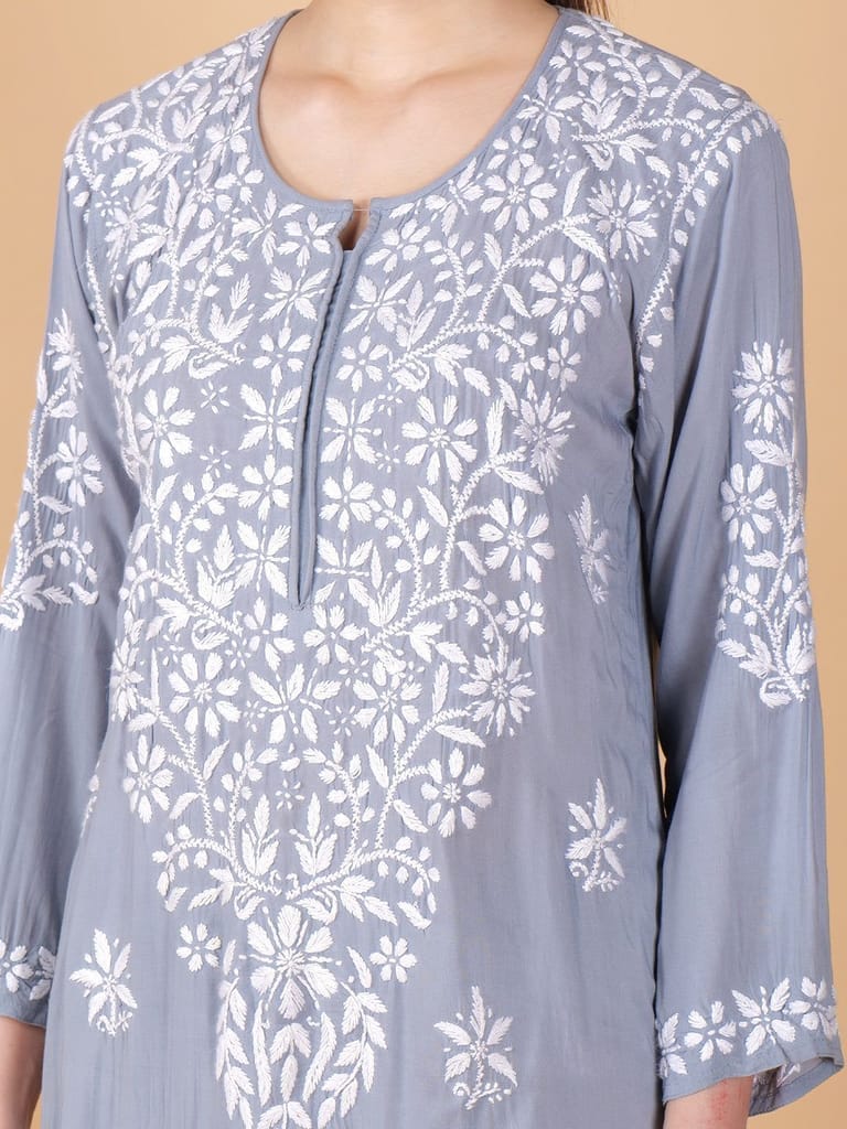 Pure Modal Heavy Bota Pattern hand embroidered Chikankari Kurta Set -Grey