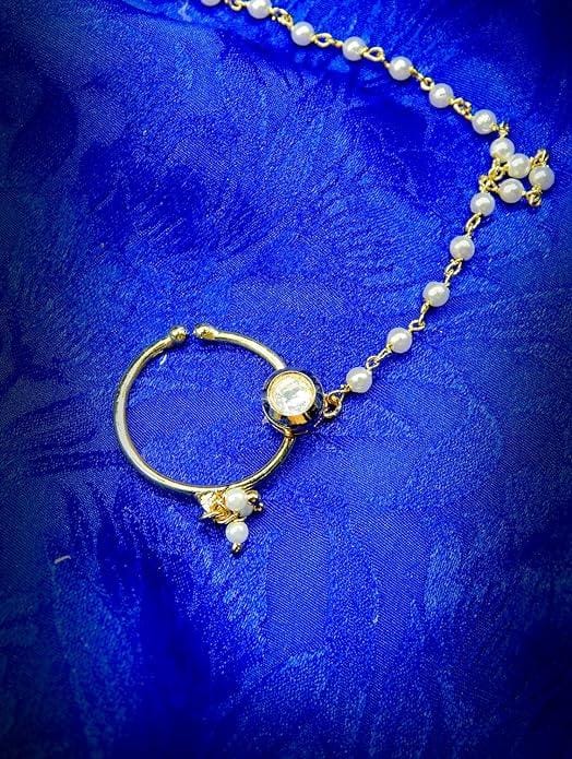 Delicate Kundan Nose Ring with Pearl Chain