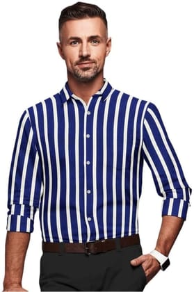 Men's Cotton Blended Striped Full Sleeve Shirt (White-Blue, M)-PID53460