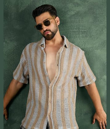 Chimpaaanzee Cotton Blend Oversized Fit Striped Half Sleeves Men's Casual Shirt - Brown ( Pack of 1 )