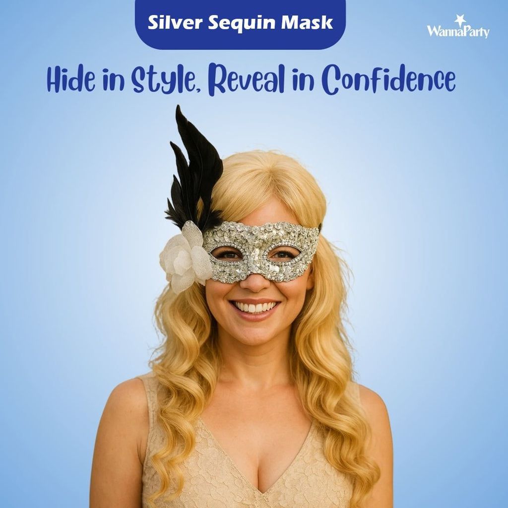 Silver Sequin Eye Mask with White Flower - Party and Festive Needs | Buy online on ZillyBuy