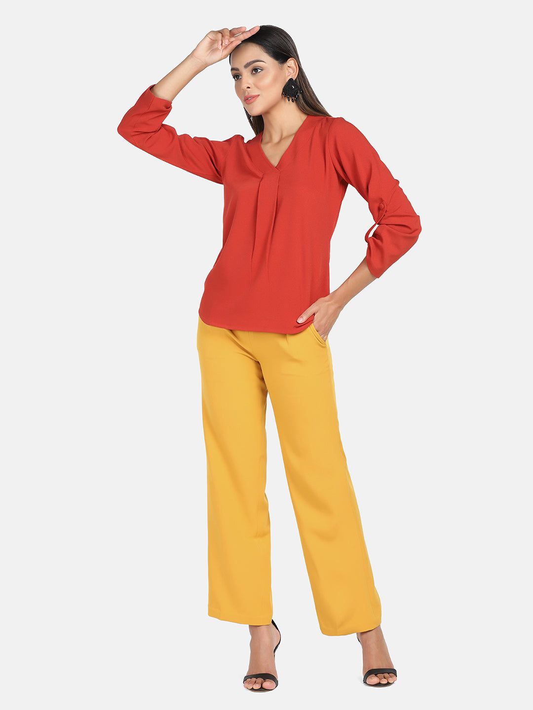 Mid Waist Pleated Wide Bottom Pants-XS