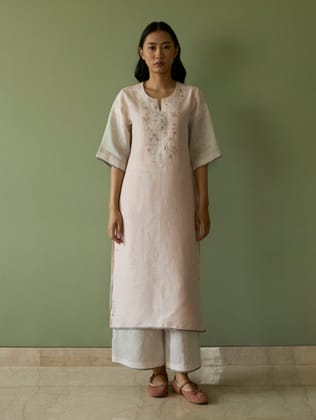Vira Hand-Emboidered Linen Kurta Set - Blush-XS