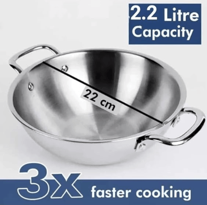 WEKTU Triply Stainless Steel Kadhai with Lid – 22 cm Diameter, 2.2 L Capacity, Induction Compatible