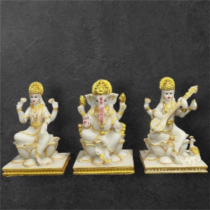 Lord Laxmi Ganesh Saraswati Idol Best For Puja Diwali Decoration Items H 15 cm-Composite Marble