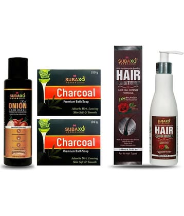 Herbal Red Onion Hair Wash- A Premium Shampoo | Prevents Hair Fall | Hair Growth |-120 Ml & Ayurvedic Charcoal Beauty Soap (2 Pc) Each 100 G & Herbal Hair Conditioner | Hair Defence |-200 ml For  Women, Men, Boys & Girls