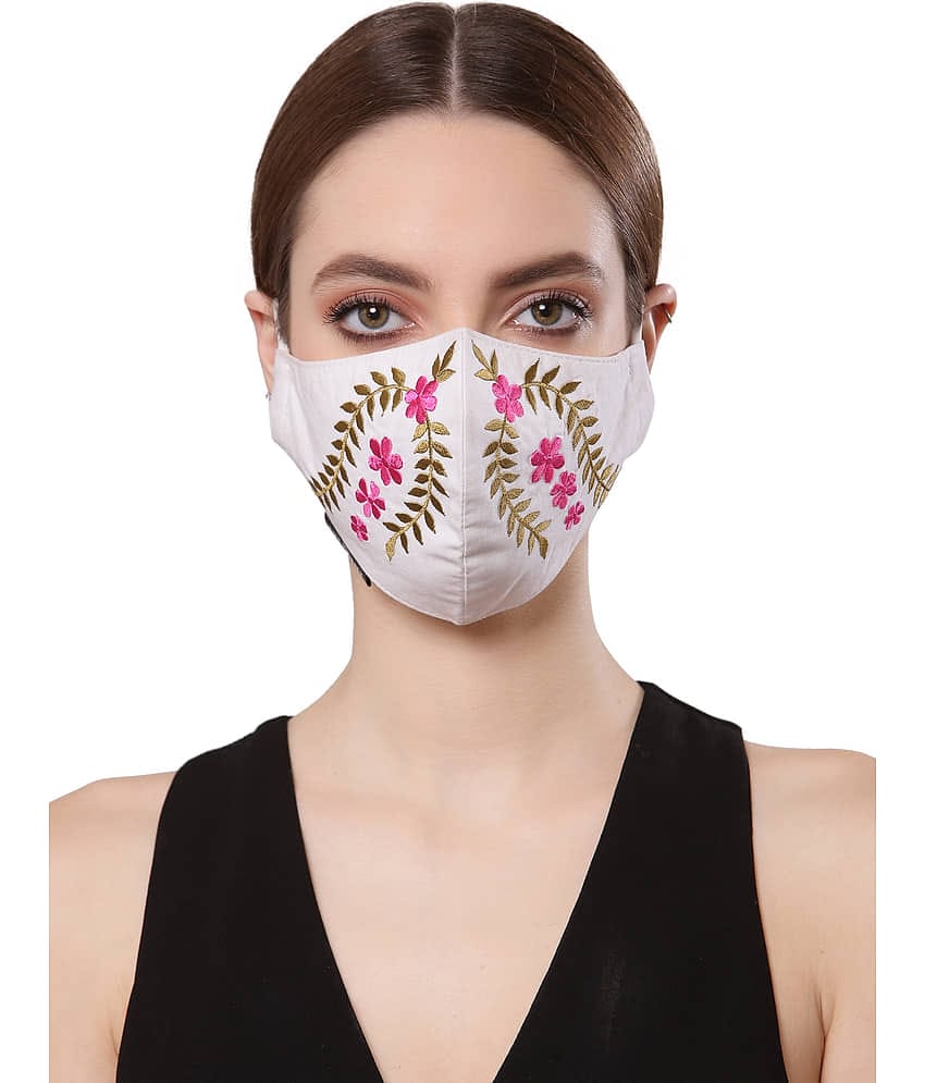 Anekaant White & Pink Cotton Embroidered Mask