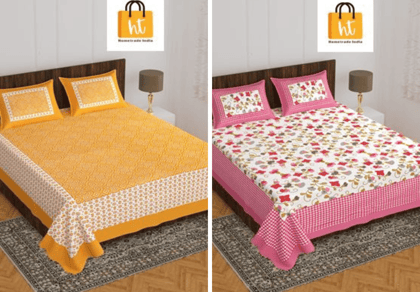 2201-Hometrade India- Standard Double Size (90*100 in )-Combo Jaipuri Double bedsheet With Matching Pillow Cover