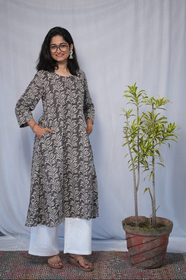 Rivaaj Ethnic Maya Bagru Cotton A-Line Kurta (Size M) | Grey Handblock Print with 3/4 Sleeves | Casual & Office Wear | Comfortable Fit