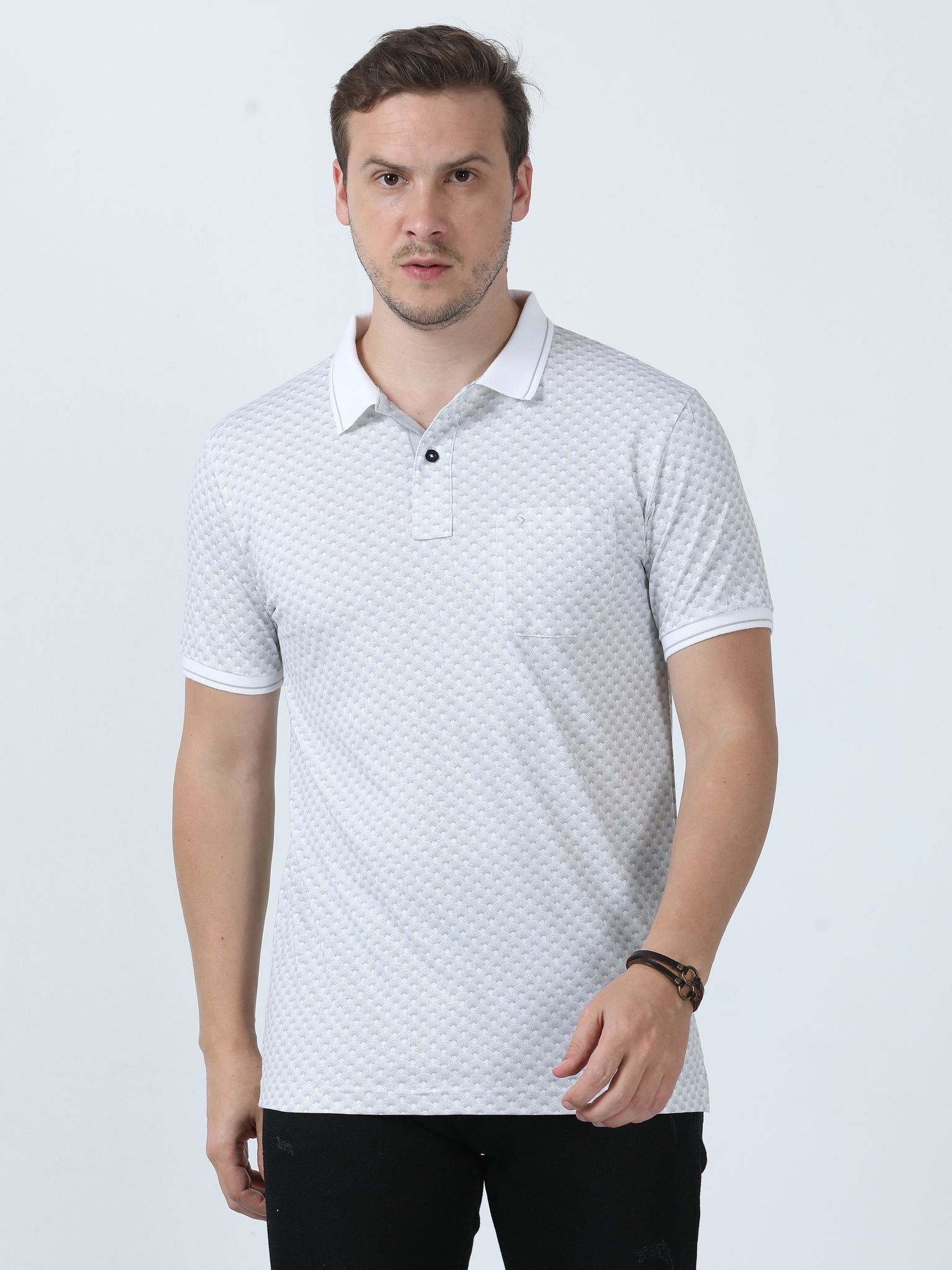 Classic Polo Men's Printed White/Grey Cotton Half Sleeve T-Shirt | BELLO - 270 B SF P