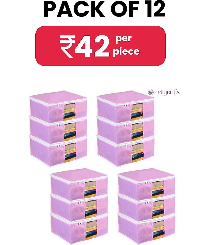 PrettyKrafts Non Woven Saree Cover Storage Bags Premium Quality Saree Organizer for Wardrobe/Cloth Organizer Pack of 12 - Pink