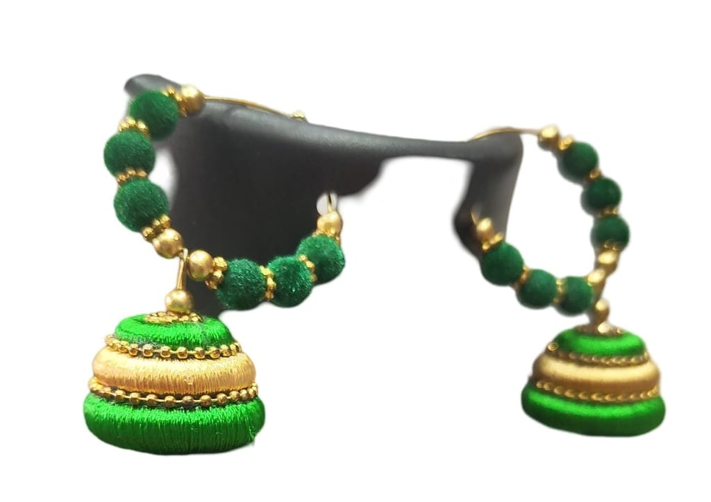 Green Silk Thread Jhumka Earrings with Golden Beads