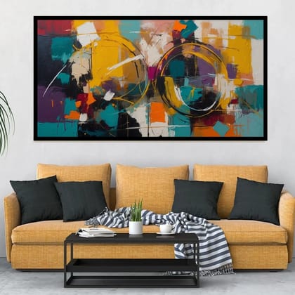 Luminary Vivid Resonance – Urban Circle Abstraction Museum-Quality Cotton Canvas Art for Living Room Décor | Frame Size (127 X 69 Cm) | Frame Type (Black) | 5-Year Warranty