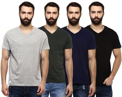 Men's V Neck Half Sleeves Combo Pack of 4 T-Shirts - Black, Navy, Dark Green & Grey Melange-5XL / Black, Navy, Dark Green & Grey Melange