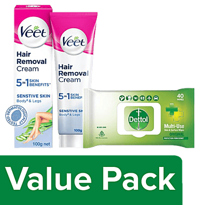 bb Combo Veet Hair Removal Cream-Sensitive Skin 100 g + Dettol Original Wipes 40 pcs, Combo 2 Items bb Combo Veet Hair Removal Cream-Sensitive Skin 100 g + Dettol Original Wipes 40 pcs, Combo 2 Items