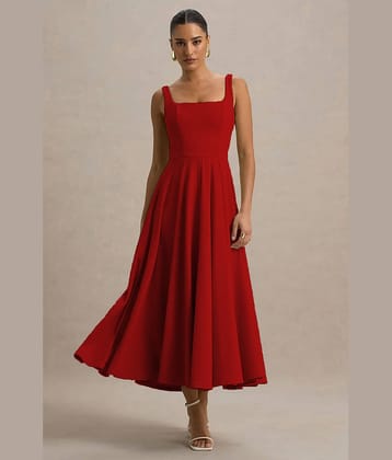 wanquila Women's Lycra Self Design Fit & Flare Dress ( Red )