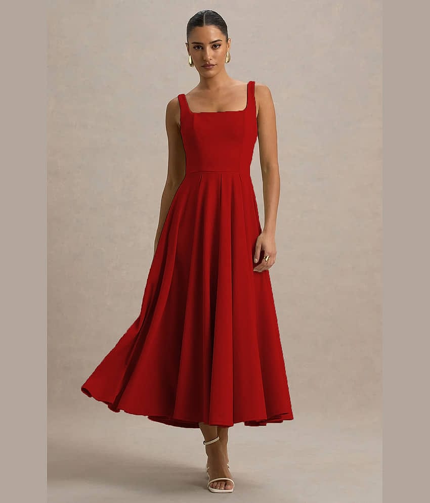 wanquila Women's Lycra Self Design Fit & Flare Dress ( Red )