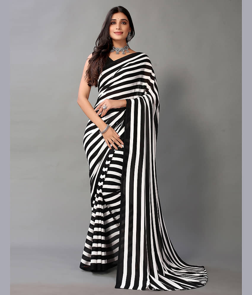 Samah Georgette Striped Saree With Unstitched Blouse Piece ( Black )