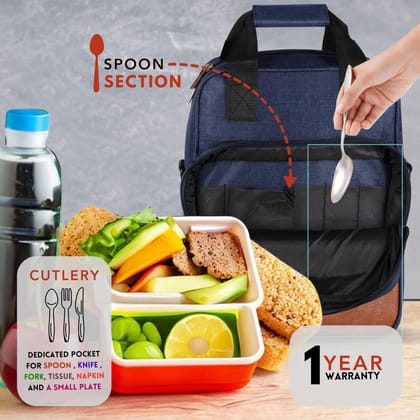 Insulated Lunch Bag | Large Space Fits 2 Lunch Boxes & 1Ltr Water Bottle, Front Cutlery Compartment (Blue & Tan Color) TB13