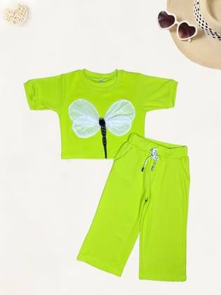 Girl's Butterfly Causal Co-Ord  Set [GCS-2301](3-11 Years)-3-4Y (Size - 22) / Ribbed / Neon Green