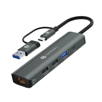 Portronics Mport Edge,5 Ports Dual USB Hub, Superfast USB 3.0, High Speed 2.0, Type-C Data Transfer (Grey)