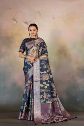 Navy Blue Figure Print Jacquard Saree