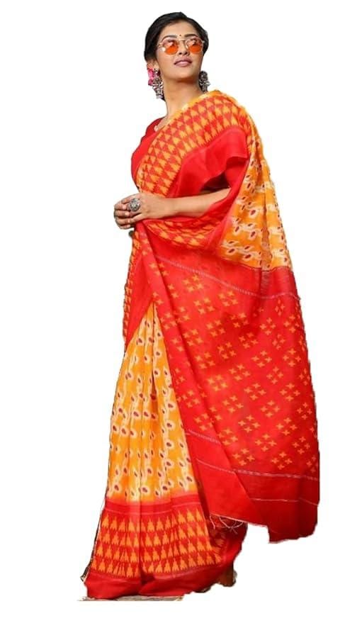 Handicrafts Women's Ikat Hand Block Print jaipuri mul mul cotton pure Saree with Blouse Piece