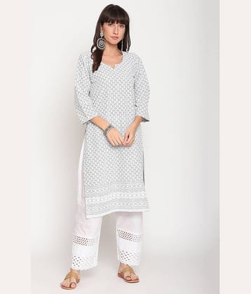 Queenley - Grey Cotton Women's Straight Kurti ( Pack of 1 )