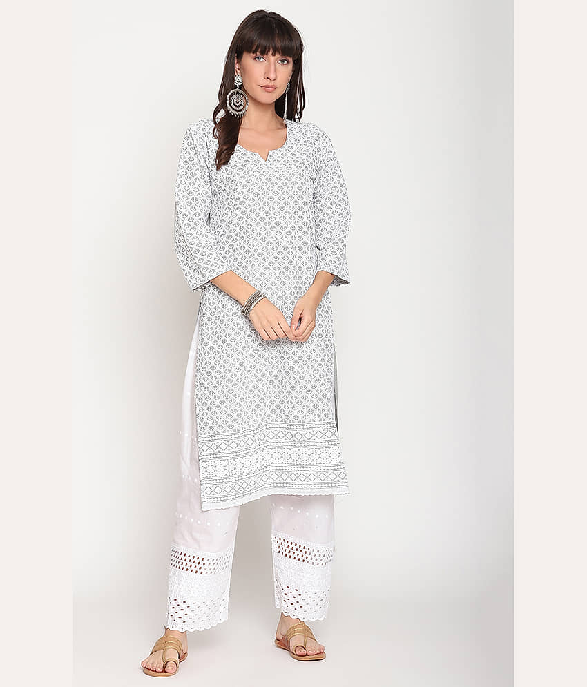 Queenley - Grey Cotton Women's Straight Kurti ( Pack of 1 )