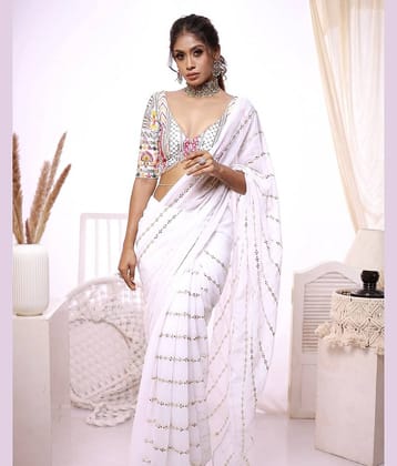 Aika Georgette Embroidered Saree With Unstitched Blouse Piece ( Wine )