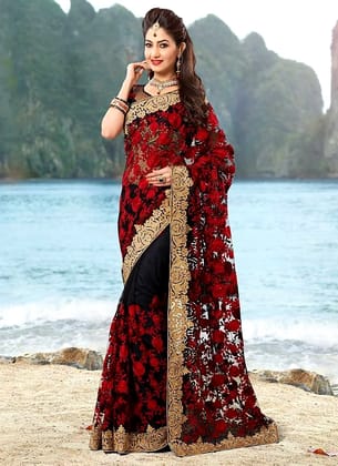 Red and Black Embroidered Party Wear Saree  by SHIV TEXTILES