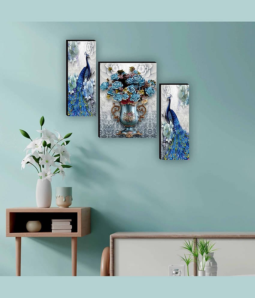 Saf - Couple Peacock With Floral Pot Painting Without Frame Set of 3
