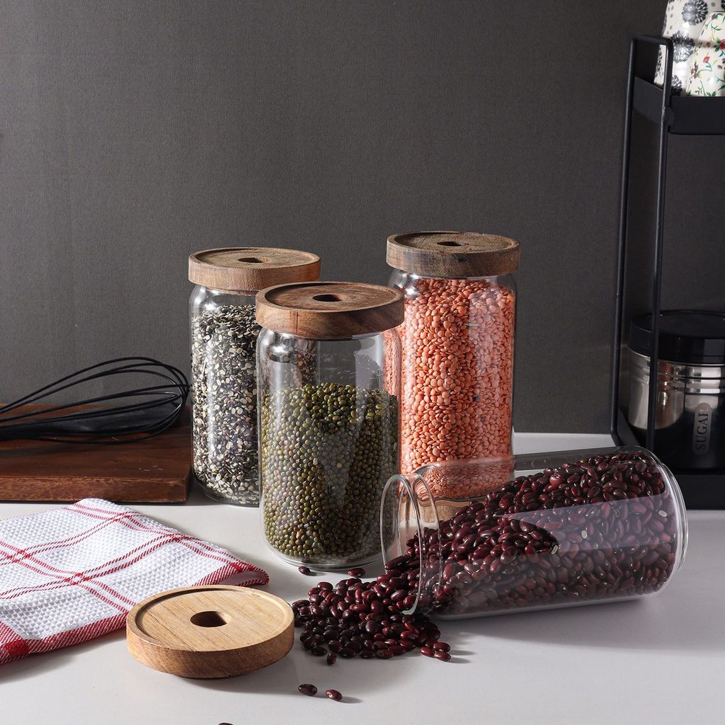 Femora Borosilicate Glass Jar with Bamboo Lid Air-700 ml, Tight Jar, 4pcs