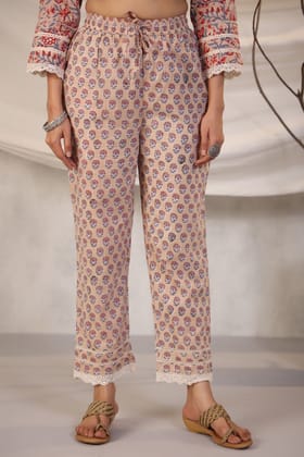 Hazira Zeniya Beige Block Printed Cotton Pants-S / Beige / Beige