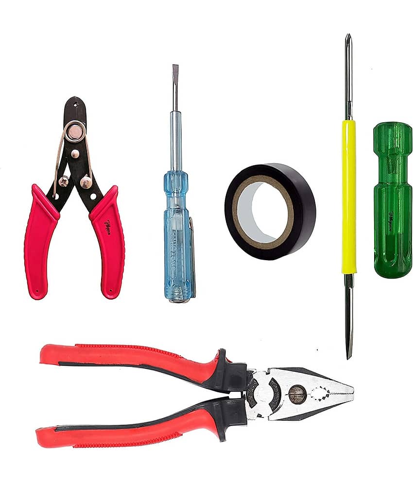 Kadio Hand Tools Combo Set With 8" Rubber Grip Combination Plier,Wire Cutter, Tester, Tape, 2in 1 Reversible Screwdriver (Set of 5)