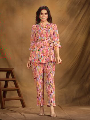 Pinkish Red Printed Straight Polyester V-Neck Co-ord Set-S
