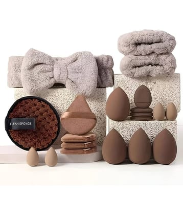 GEGE BEAR Brown Washable Beauty Blender Set with Headband and Wrist Bands, Soft SPA Accessories (Pack of 20)