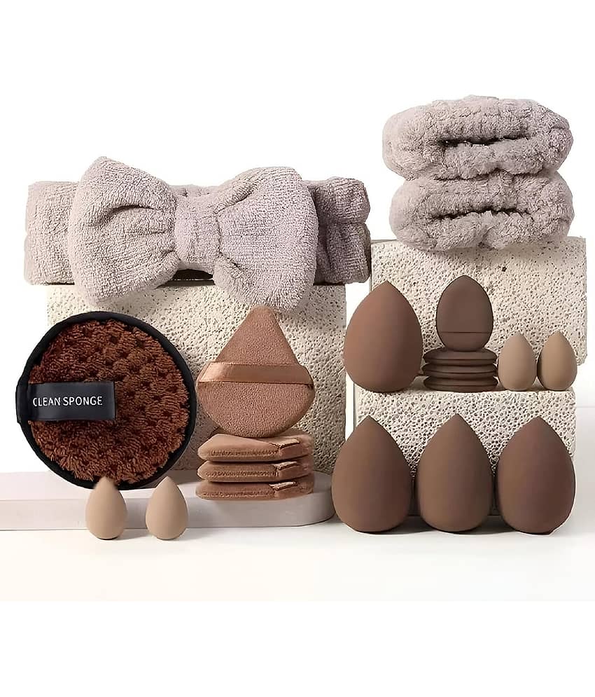 GEGE BEAR Brown Washable Beauty Blender Set with Headband and Wrist Bands, Soft SPA Accessories (Pack of 20)