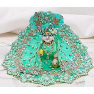 Sea Green Laddu Gopal Dress, Pearl Work, Floral Embroidery, Matching Pagdi