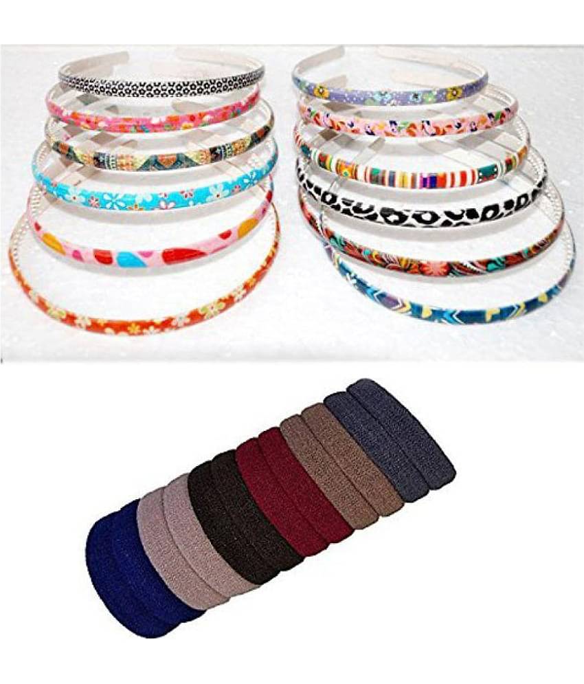 Fok Set Of 20 Pcs Multi Color Rubberbands & 4 Pcs Multi Color & Printed Hairbands (8 mm)