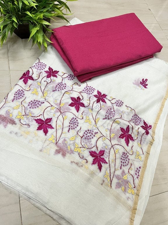 Rivaaj Ethnic Chanderi Silk Dupatta (2.5m) | White & Pink Kashmir Sozni Hand Embroidery | Traditional Party Wear Stole | Festive Odhni