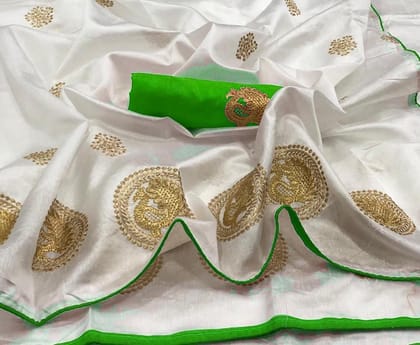 Off White and Parrot Green color Sana Silk Embroidered Sari MS-3 PG