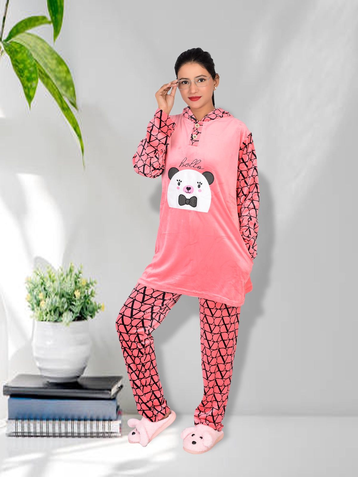Imported Winter Nightsuite Heavy Stuff Dress for Girls(Pink)-L