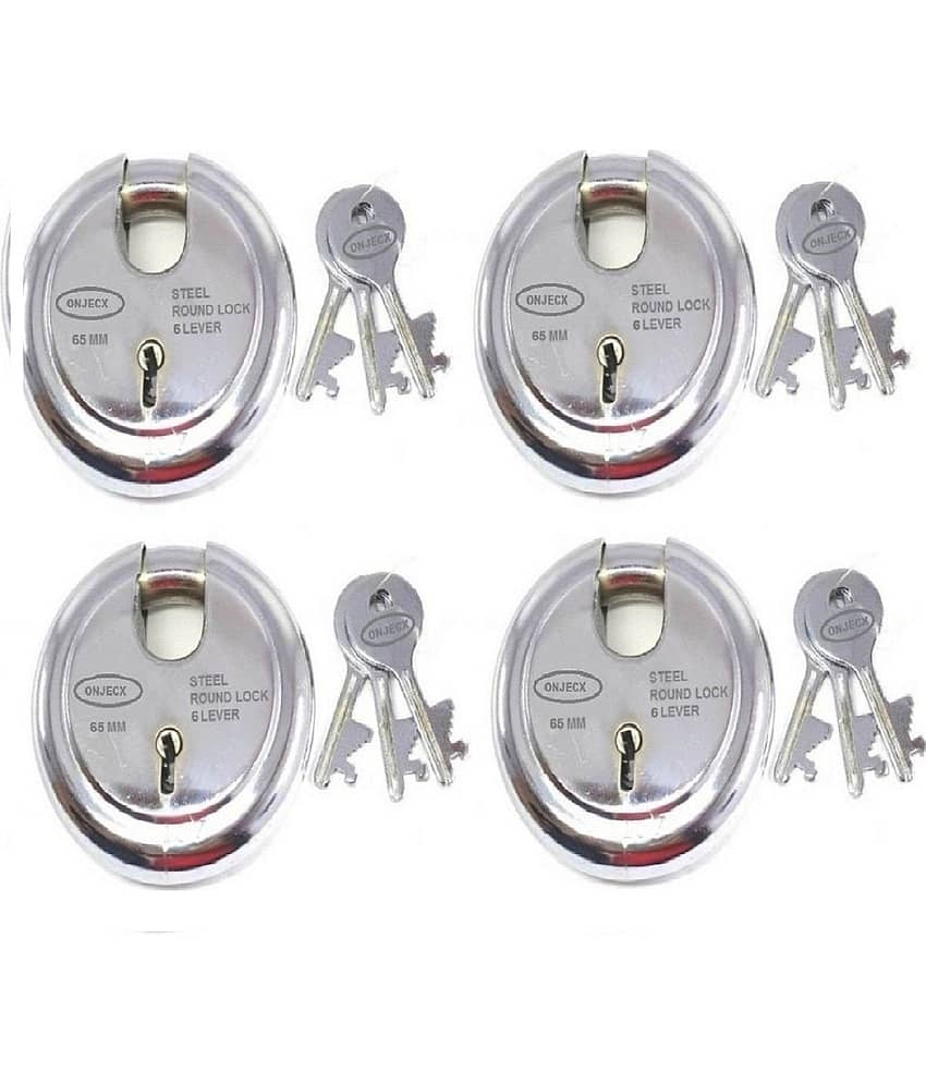 OJASS Steel High Quality Primium Range Lock 6 Levers 65 mm Heavy Duty Padlock , Sutter Lock, Round Lock Long Life Durable with 3 Keys for Main Gate, Office Door, Shop Shutter, Pack of 4 pcs (RPLN65)