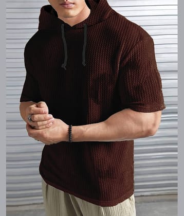 LEWEL Polyester Regular Fit Self Design Half Sleeves Men's Hooded T-Shirt - Brown ( Pack of 1 )