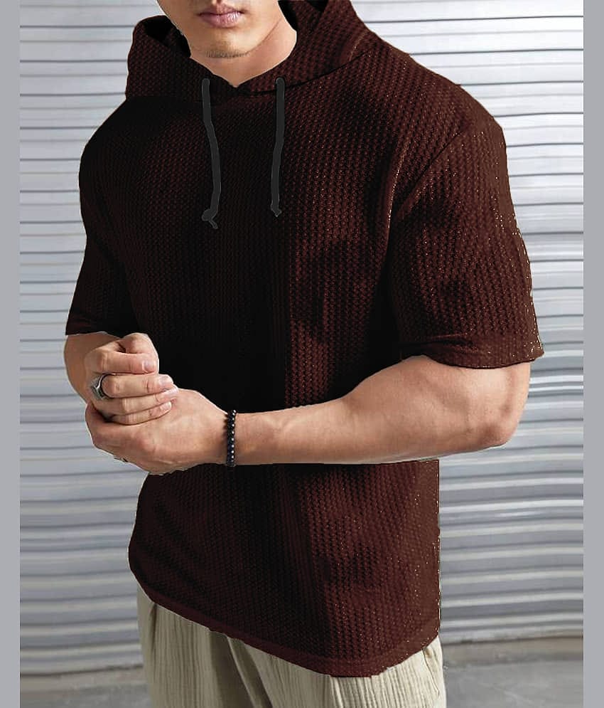 LEWEL Polyester Regular Fit Self Design Half Sleeves Men's Hooded T-Shirt - Brown ( Pack of 1 )
