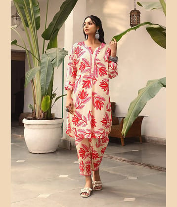 Royal Export Cotton Blend Printed Kurti With Pants Women's Stitched Salwar Suit - Beige ( Pack of 1 )