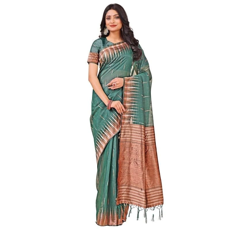 Women's Linen Cotton Printed Saree With Unstitched Blouse 5.5Mtr (Green)-PID60102