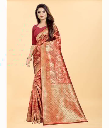 Gazal Fashions Banarasi Silk Embellished Saree With Unstitched Blouse Piece ( Blue )