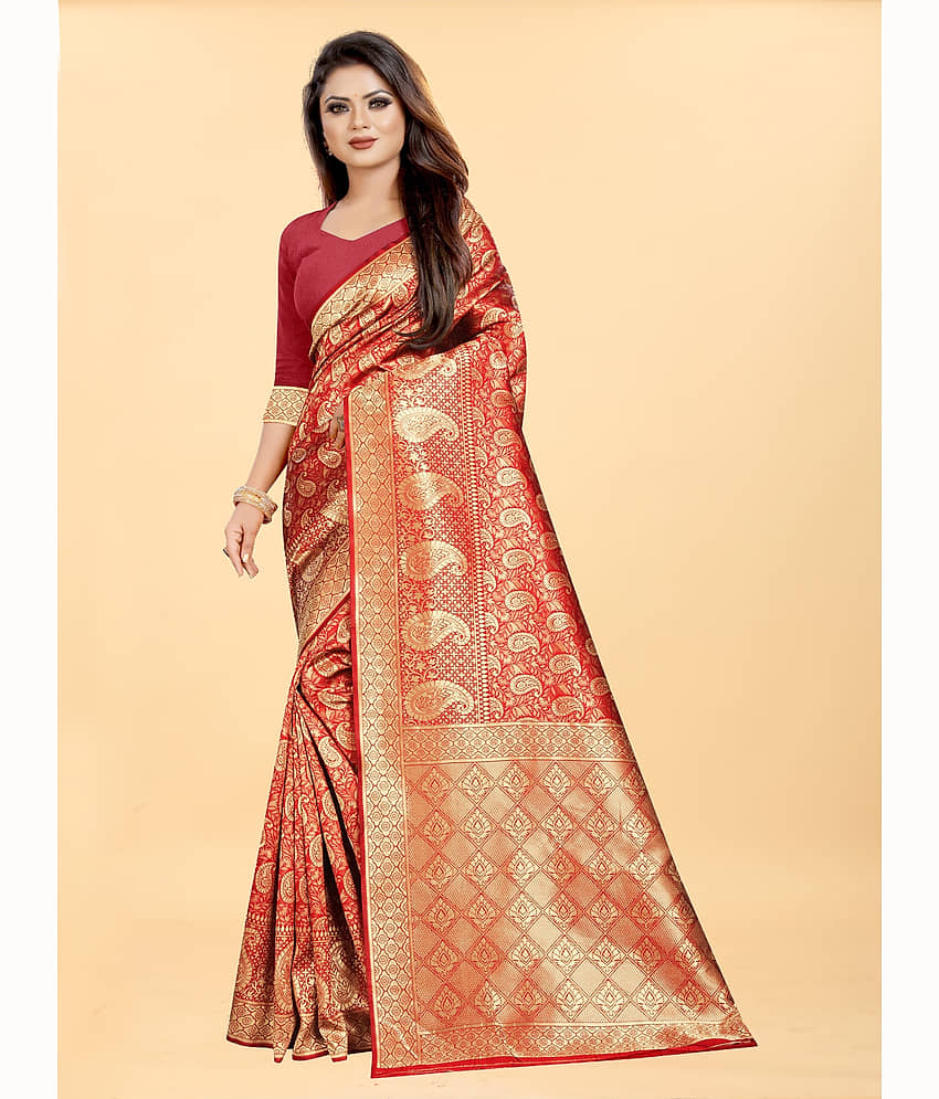 Gazal Fashions Banarasi Silk Embellished Saree With Unstitched Blouse Piece ( Blue )